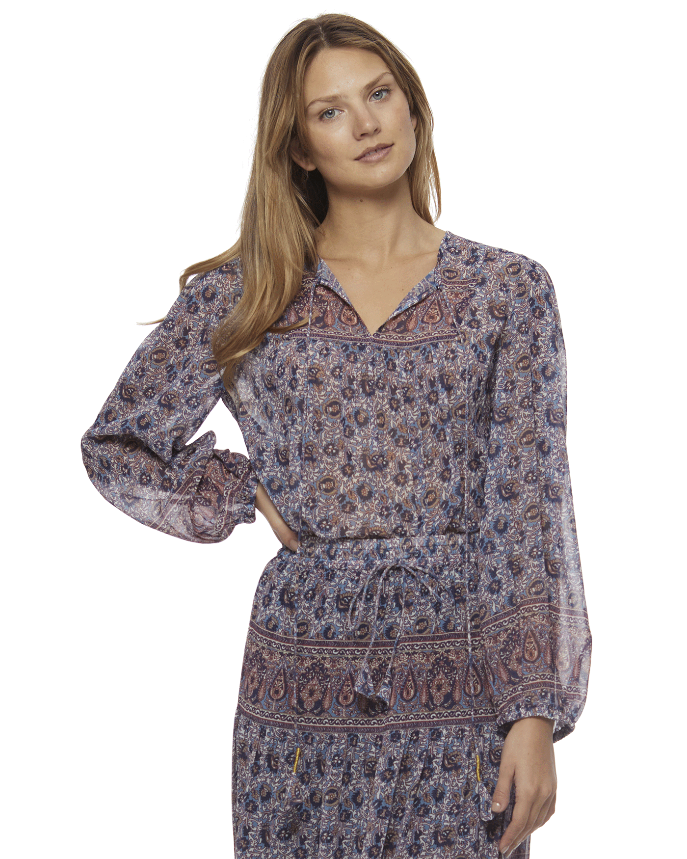 HOLLINS FLORAL PRINT PEEKABOO PEASANT TOP