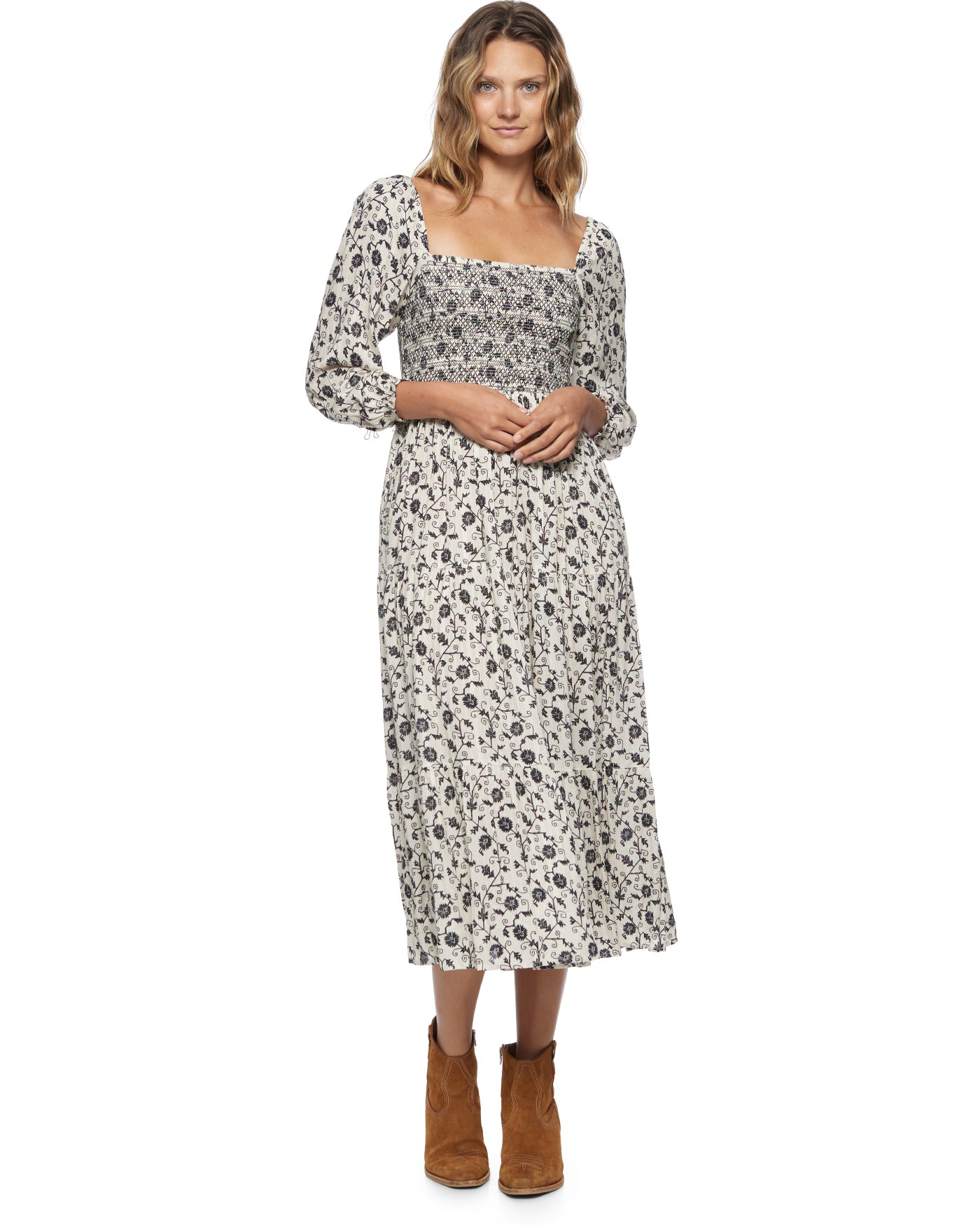 NORA FLORAL PRINT SMOCKED MIDI DRESS