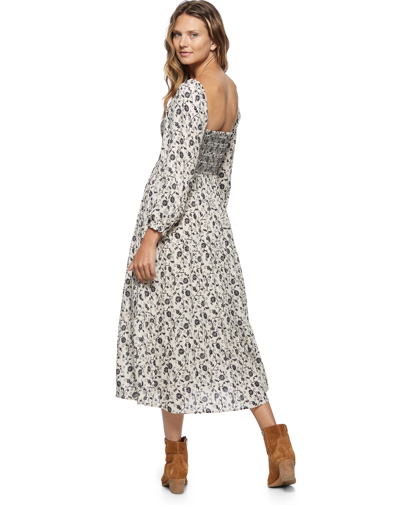 NORA FLORAL PRINT SMOCKED MIDI DRESS