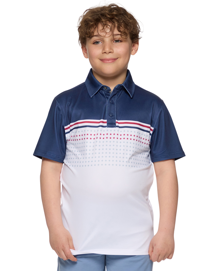 BOYS BANNER STARS & STRIPES BLOCKED PERFORMANCE POLO