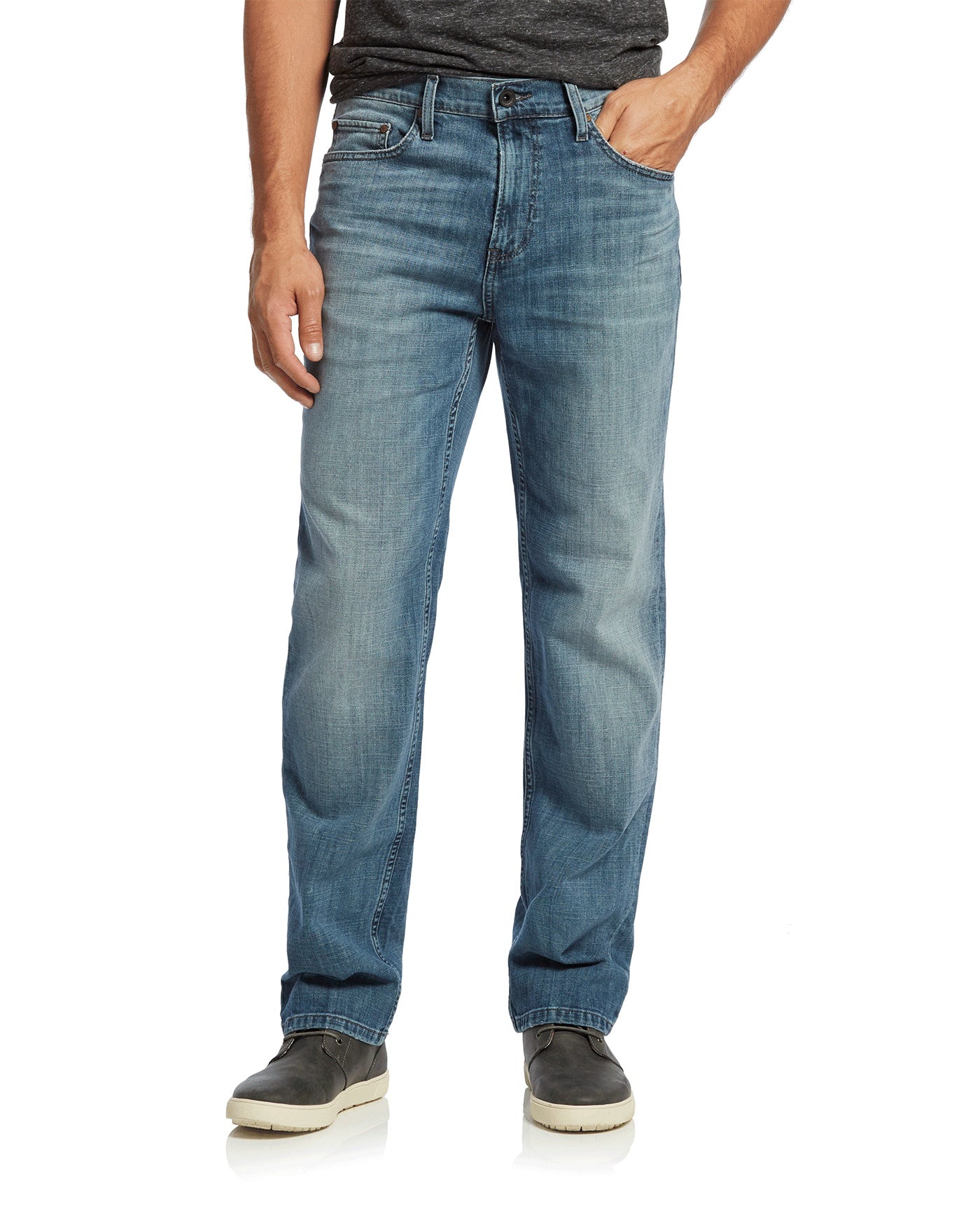 man wearing light wash Adrian jeans in Nashville straight fit
