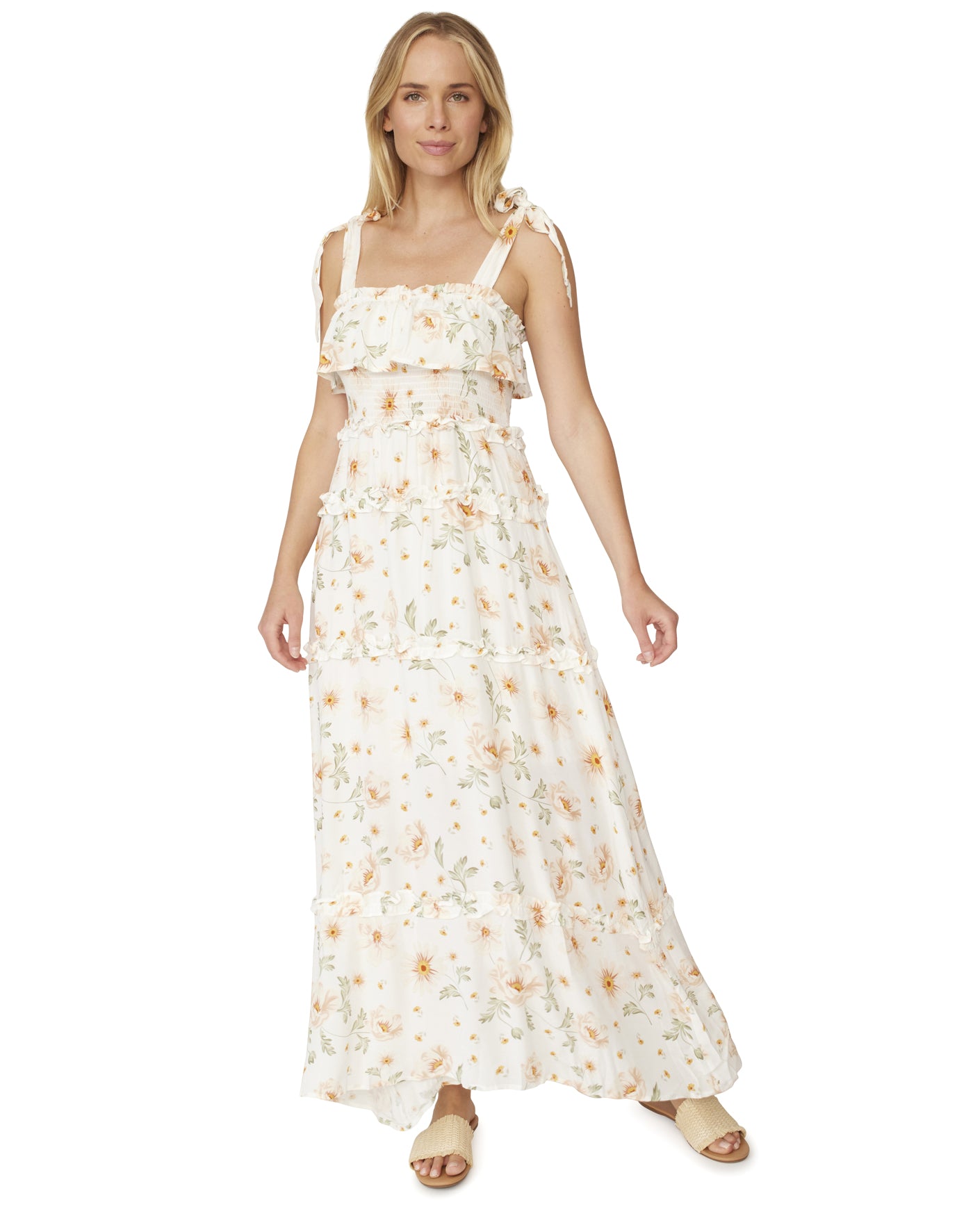 ELSA FLORAL TIE-STRAP SMOCKED MAXI DRESS